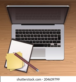 Laptop isolated on the wooden desk - vector illustration