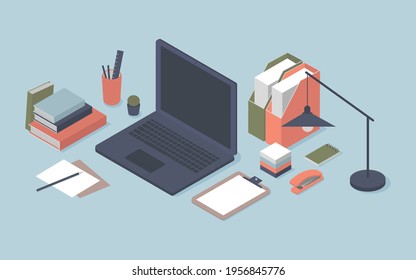 Laptop isometric vector illustration. Isometric office items. Workspace concept. Stationery objects.