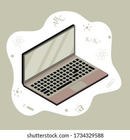 Laptop, isometric view, isolated on white background. Flat vector illustration. Computer as a symbol of education and knowledge. Open, laptop computer with keyboard and screen in cartoon style. 