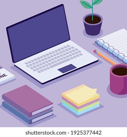 laptop and isometric workspace set icons vector illustration design