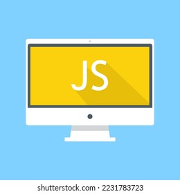 Laptop with JS word on screen. Learn Javascript, web development, coding, programming concepts.