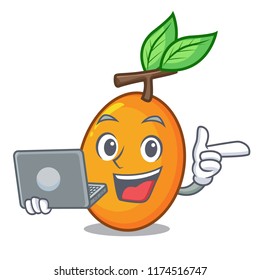 With laptop juicy yellow plums with leaves cartoon
