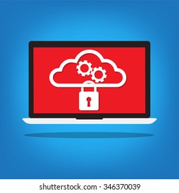 Laptop with a key lock on cloud gear on red desktop background. Vector illustration Cloud computing security concept .