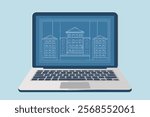 Laptop with keyboard and half moon on laptop screen in an open laptop with webcam and opened laptop vector illustration,  with blue keys.