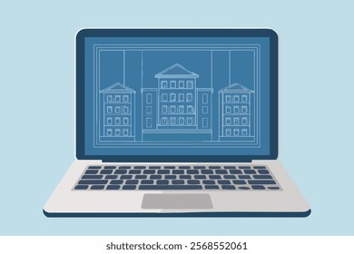 Laptop with keyboard and half moon on laptop screen in an open laptop with webcam and opened laptop vector illustration,  with blue keys.