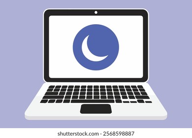 Laptop with keyboard and half moon on screen in an open laptop with webcam and opened laptop vector illustration, laptop with keys.