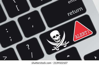 Laptop keyboard with skull and crossbones icon and red Fishing alert icon. Information poster. Vector illustration