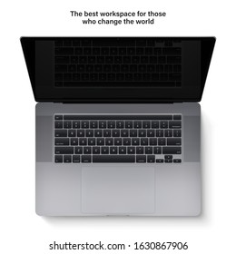 laptop with keyboard and touchpad grey color and black screen saver top view isolated on white background. realistic and detailed notebook mockup. stock vector 3d illustration