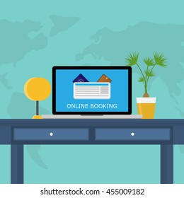 a laptop, a lamp , a plant on the table, ticket , passport, wallet on the screen, the table on the background map of the world, the concept of online booking, vector illustration in flat style