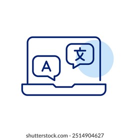 Laptop with languages speech bubbles. Online conference, digital foreign languages learning. Pixel perfect, editable stroke icon