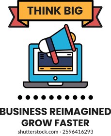 A laptop with a large speaker on it. The speaker is blue and red. The laptop is on a white background. The image is titled "Think Big"
