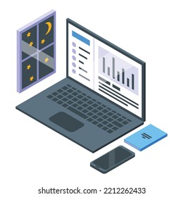 Laptop late work icon isometric vector. Night overtime. Computer time
