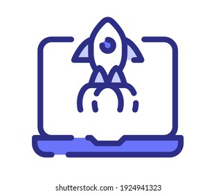 laptop launch startup single isolated icon with dash or dashed line style