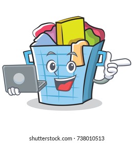 With laptop laundry basket character cartoon