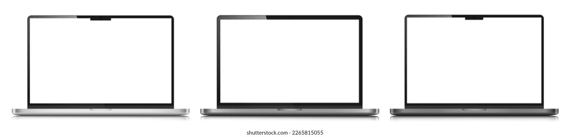 Laptop-Layouts mit weißen Bildschirmen. Ein Satz realistischer Laptops mit leeren Bildschirmen in einem Metallgehäuse mit Reflexion. Vektorgrafik.