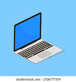 A laptop of a leading company deployed in half a turn on a blue background with a blue screen. Vector illustration. Stock drawing.