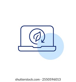 Laptop, leaf and recycling arrow. Green technology and sustainable practices in the digital world. Pixel perfect, editable stroke icon