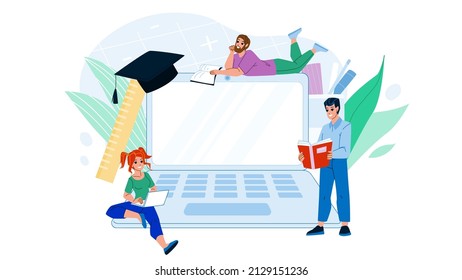 laptop learning online computer. student work at home. screen. distance school learn character web flat cartoon illustration