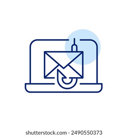 Portátil, carta y pesca. Ataque de phishing. Alerta de correo basura. Icono de trazo perfecto y editable