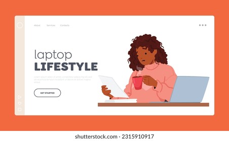 Laptop Lifestyle Landing Page Template. Multitasking Woman Enjoy Quiet Moment As She Reads The Paper And Sips Coffee At Her Desk, Accompanied By Her Trusty Notebook. Cartoon People Vector Illustration
