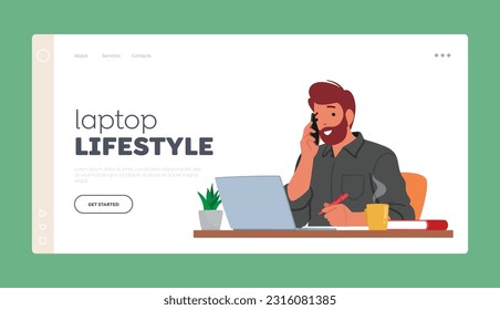 Laptop Lifestyle Landing Page Template. Multitasking Professional Male Character. Man Effortlessly Manages Work On His Laptop While Handling A Phone Call. Cartoon People Vector Illustration