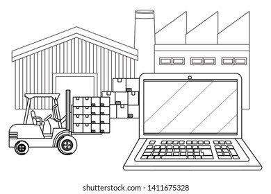 laptop with lift truck in black and white