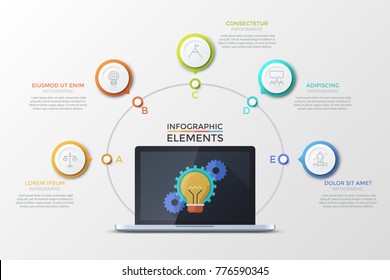 Laptop with light bulb and gear wheels on screen surrounded by 5 colorful round elements with thin line icons inside. Concept of five successive steps of project development. Vector illustration.