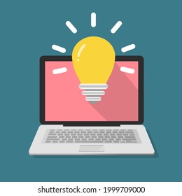 Laptop and light bulb on screen. New ideas, innovation of business or education. thought technology.
Flat design graphic elements. Vector illustration