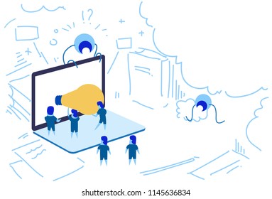 laptop light lamp new idea people group brainstorming teamwork innovation success concept sketch doodle horizontal vector illustration