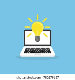 Laptop with a lightbulb. Creative idea symbol. Vector illustration.