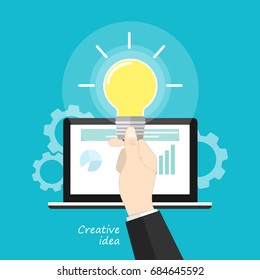 laptop lightbulb hand idea working vector