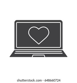 Laptop like button glyph icon. Silhouette symbol. Notebook with heart shape. Negative space. Vector isolated illustration
