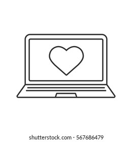 Laptop with like button linear icon. Thin line illustration. Laptop with heart shape contour symbol. Vector isolated outline drawing