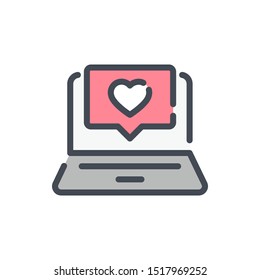 Laptop With Like Pop Up Notification Color Line Icon. Computer With Heart In Chat Box Vector Outline Colorful Sign.