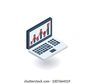 Laptop with line chart icon. Vector illustration in flat isometric 3D style.