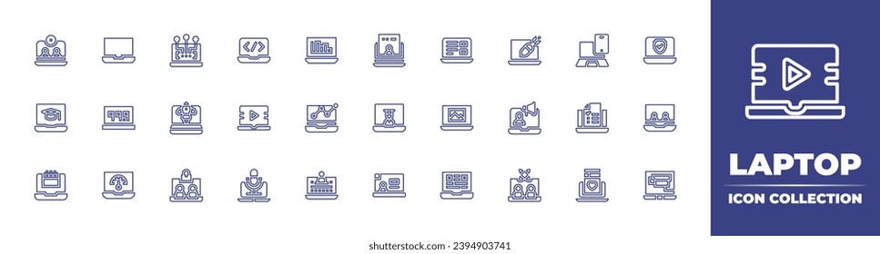 Laptop line icon collection. Editable stroke. Vector illustration. Containing laptop, responsive design, media, online learning, podcast, social media, analytics, cyber attack, startup, advertising.