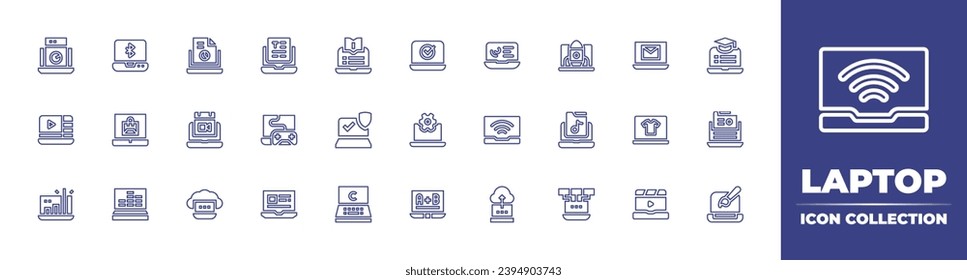 Laptop line icon collection. Editable stroke. Vector illustration. Containing typography, email, video game, flash sale, laptop, report, startup, calendar, music, cloud computing, local network, speed