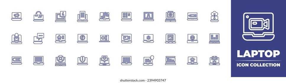 Laptop line icon collection. Editable stroke. Vector illustration. Containing laptop, worm, arrow, share, sound bars, feedback, email, marketing, rent, jackpot, videocall, online lesson, online.