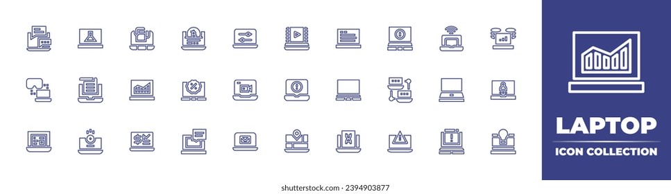 Laptop line icon collection. Editable stroke. Vector illustration. Containing laptop, settings, server, video call, login, email, idea, chat, movie, connect, error, newspaper, map.