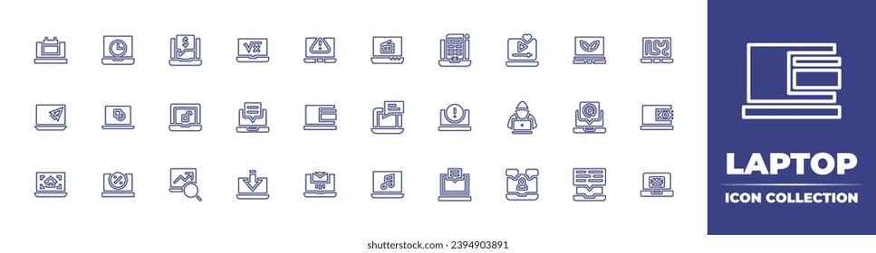 Laptop line icon collection. Editable stroke. Vector illustration. Containing laptop, shopping online, clip, unlock, hacker, research, chat, computer, online shop, online payment, send, email.