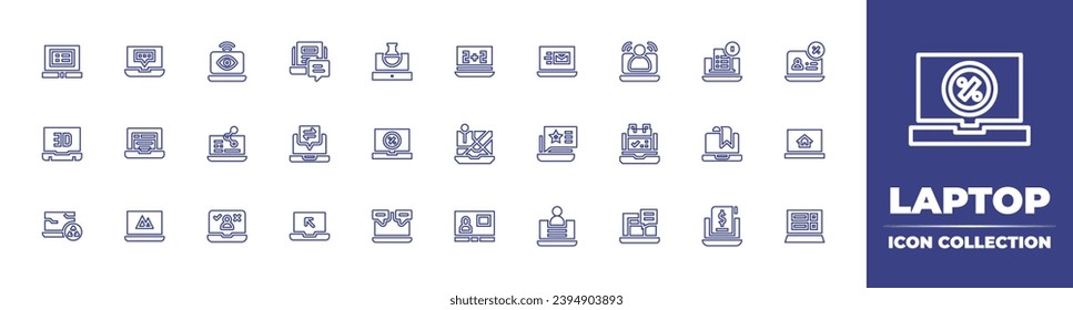 Laptop line icon collection. Editable stroke. Vector illustration. Containing laptop, viewer, video call, sharing, reminder, voting, notice, testing, online shop, sale, realtor, chat, notebook, blog.