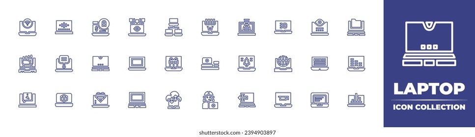 Laptop line icon collection. Editable stroke. Vector illustration. Containing laptop, network, folder, shopping online, music, data transfer, increase, wifi, online shopping, fist, coffee, information