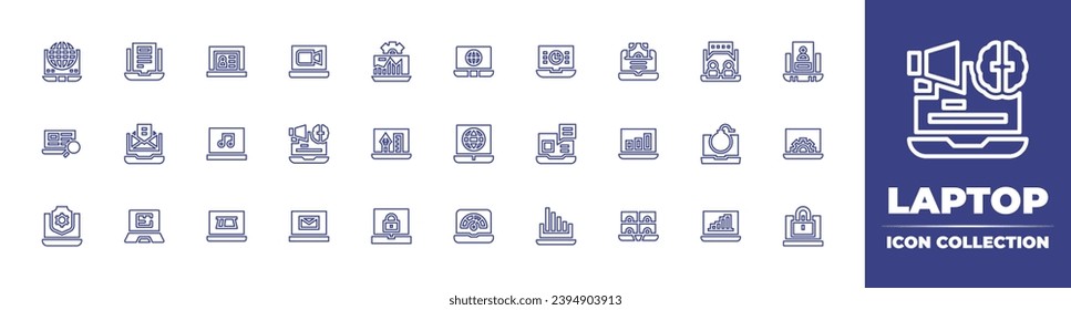 Laptop line icon collection. Editable stroke. Vector illustration. Containing laptop, videocall, online chat, system, login, graphic design, mechanism, insurance, globe earth, internet, reduction.