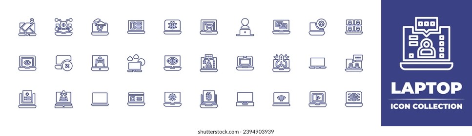 Laptop line icon collection. Editable stroke. Vector illustration. Containing laptop, notebook, settings, outside, map, online shop, spy, live streaming, report, authentication, virus, video.