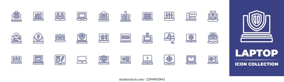 Laptop line icon collection. Editable stroke. Vector illustration. Containing laptop, chat, options, virtual event, videocall, sketch, target, hacker, cyber attack, observation, password, account.