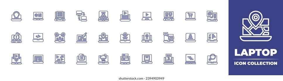 Colección de iconos de la línea del portátil. Trazo editable. Ilustración vectorial. Con red local, compras en línea, diseño web, cuenta, laptop, idea, video marketing, bomba, usuario, descarga, base de datos, en línea