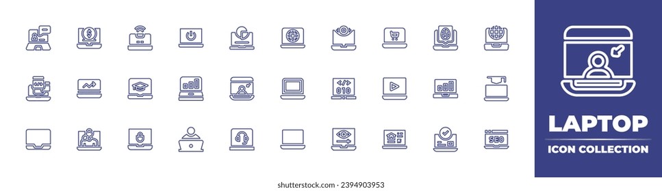 Laptop line icon collection. Editable stroke. Vector illustration. Containing teacher, laptop, statistics, graphic, programmer, online booking, pie chart, internet, video conference, training.
