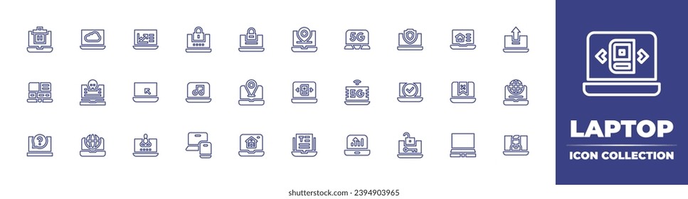 Colección de iconos de la línea del portátil. Trazo editable. Ilustración vectorial. Con tecnología, portátil, privacidad, carga, ubicación, internet, hogar inteligente, videocall, papelera, marcador de posición, edición, libro.