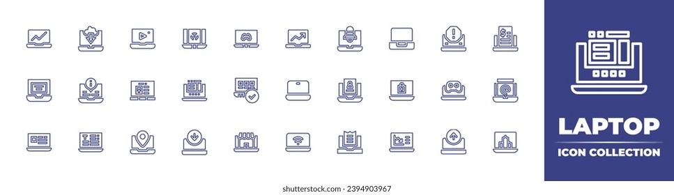 Laptop line icon collection. Editable stroke. Vector illustration. Containing laptop, presentation, laptop computer, gaming, input, output, esports, contract, usability, interface, online store.