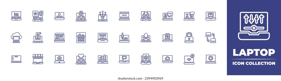 Colección de iconos de la línea del portátil. Trazo editable. Ilustración vectorial. Conteniendo portátil, evento virtual, aprendizaje en línea, página de inicio, programador, citas en línea, conexión, simulación, correo electrónico, edición de audio